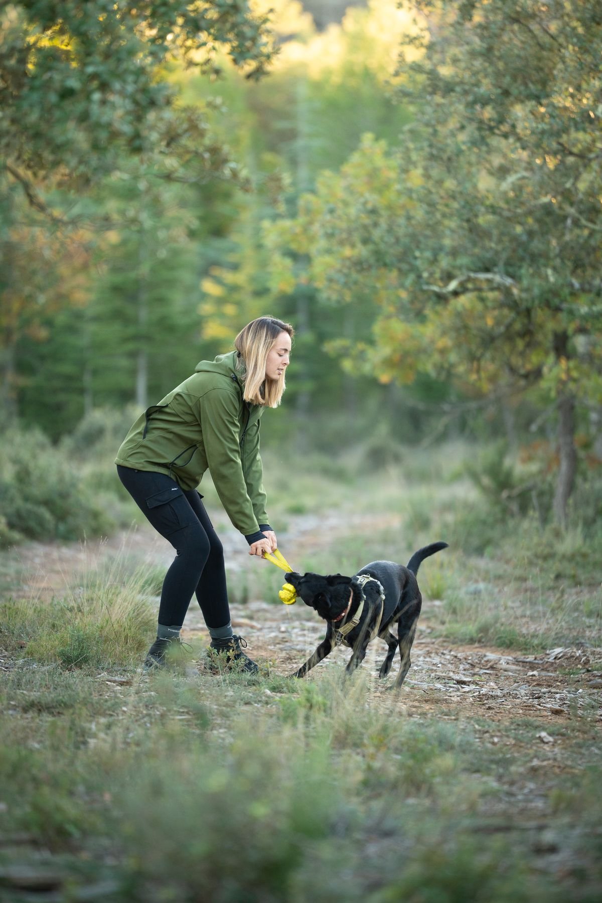 Marine motive un chien avec un jouet lors d'une séance d'éducation positive à Peyrolles-en-Provence