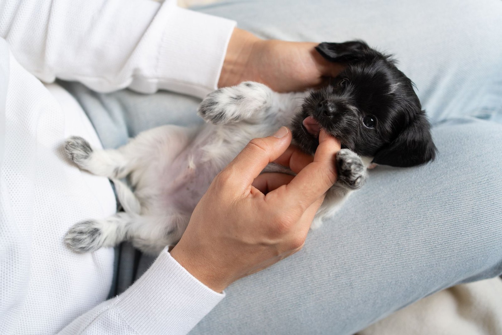 Manipulation en douceur d'un chiot, base des soins coopératifs, autour de Peyrolles-en-Provence