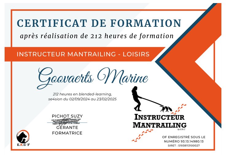 Instructrice mantrailing, attestation de Marine Goovaerts