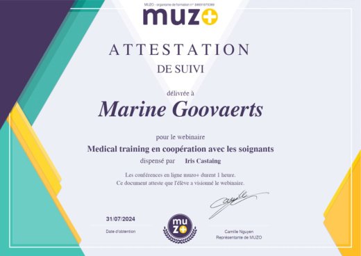 Médical training et soins coopératifs, attestation de Marine Goovaerts