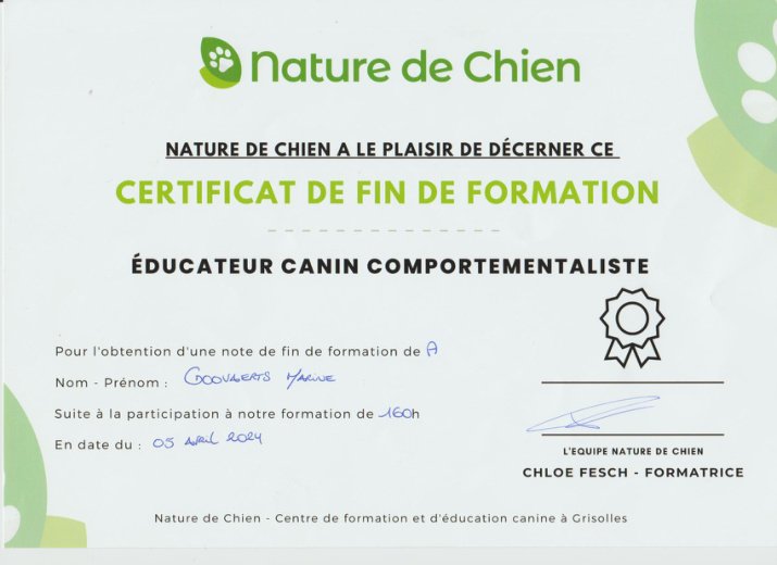Diplôme Nature de Chien, attestation de Marine Goovaerts